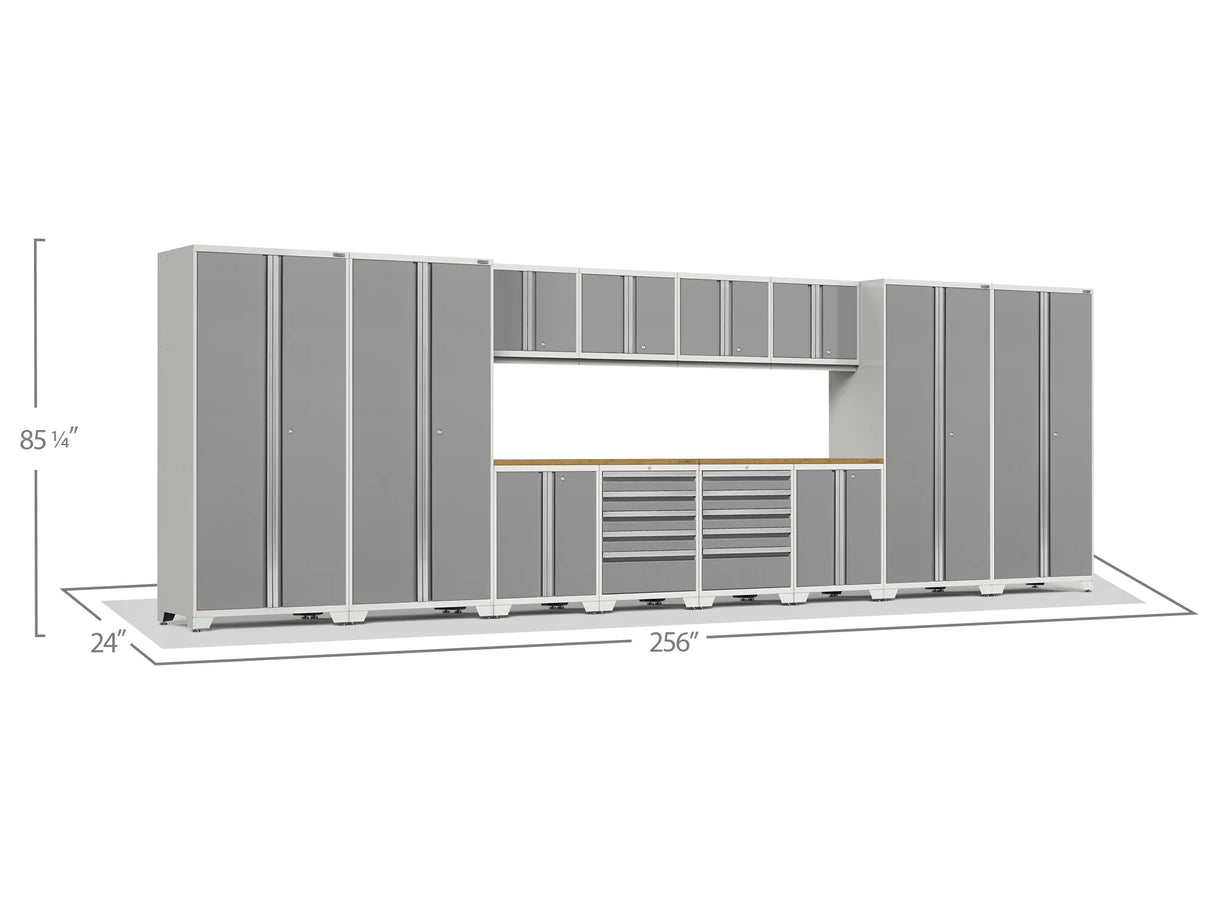 Pro Series 14 Piece Cabinet Set with Lockers, Base, Wall, Tool Drawer Cabinets and 56 In. Worktop