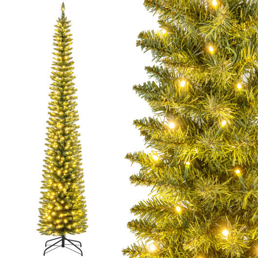 5/6/7/8/9 Feet Pre-lit Pencil Artificial Christmas Tree with 150/180/200//300/400 Warm White LED Lights-9 ft