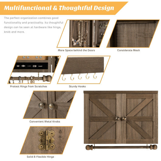 Vintage Wood Wall Mounted Jewelry Organizer with Barn Door-Brown