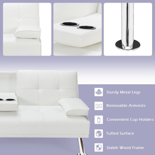 Convertible Folding Leather Futon Sofa with Cup Holders and Armrests-White