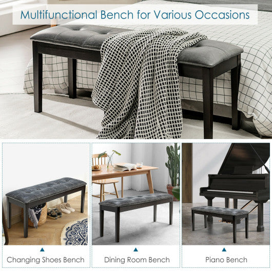 Upholstered Dining Room PU Bench Solid Wood Button Tufted-Gray
