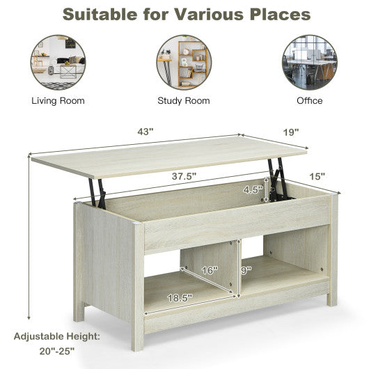 Lift Top Coffee Table with Hidden Storage Compartment and Lower Shelf for Study Room-White