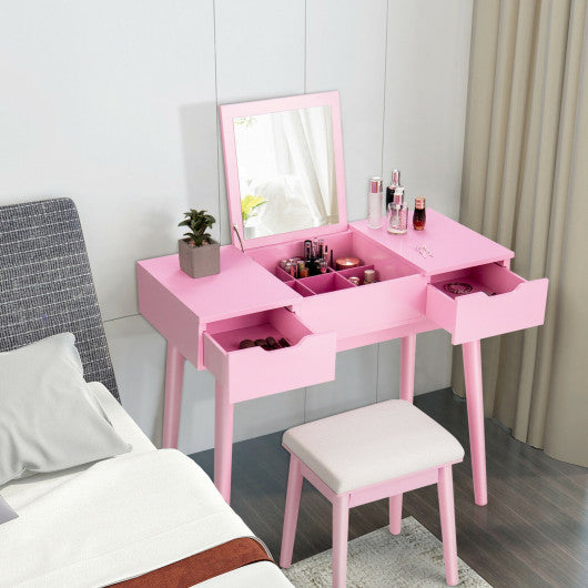 Makeup Vanity Table Set with Flip Top Mirror and 2 Drawers-Pink