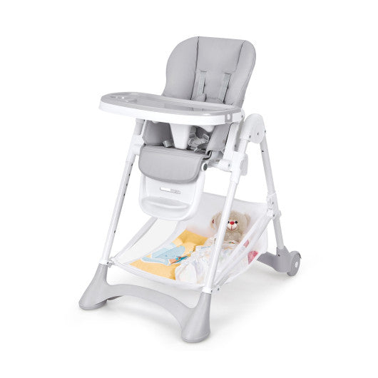 Baby Convertible Folding Adjustable High Chair with Wheel Tray Storage Basket-Gray