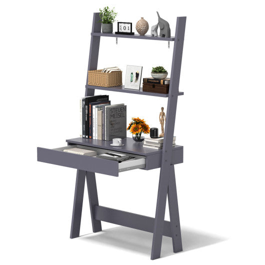 Ladder Shelf Desk Bookcase with Countertop Drawer and 2 Shelves-Gray