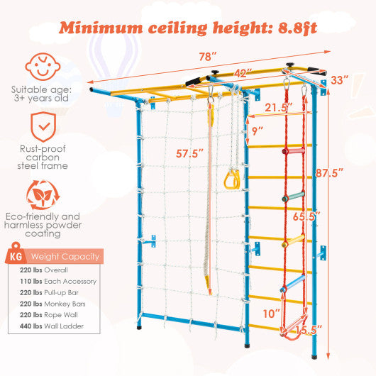 7 In 1 Kids Indoor Gym Playground Swedish Wall Ladder for Solid Wall-Yellow