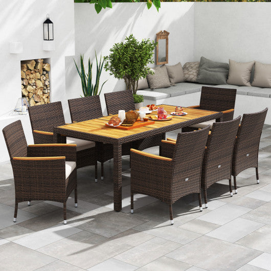 9 Piece Outdoor Dining Set with Acacia Wood Table Top-Beige