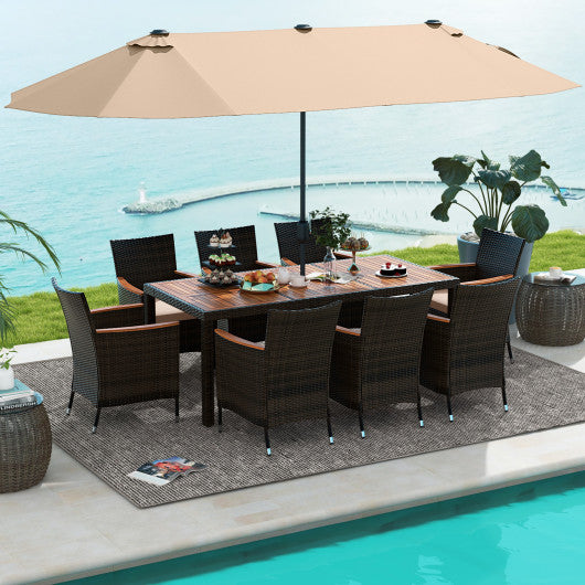 10 Piece Outdoor Dining Set with 15 Feet Double-Sided Twin Patio Umbrella-Brown