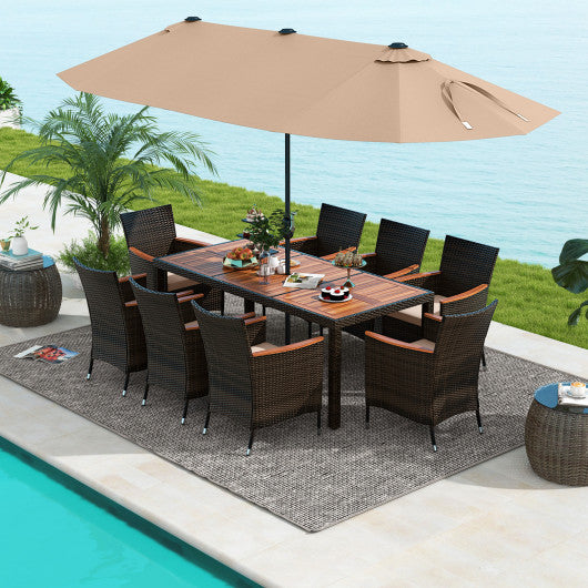 10 Piece Outdoor Dining Set with 15 Feet Double-Sided Twin Patio Umbrella-Brown