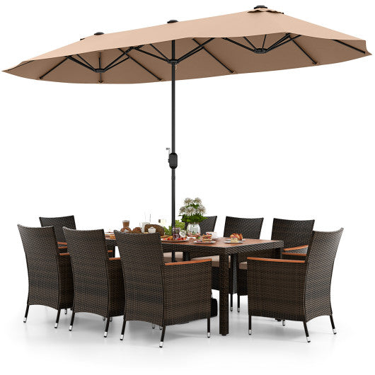 10 Piece Outdoor Dining Set with 15 Feet Double-Sided Twin Patio Umbrella-Brown