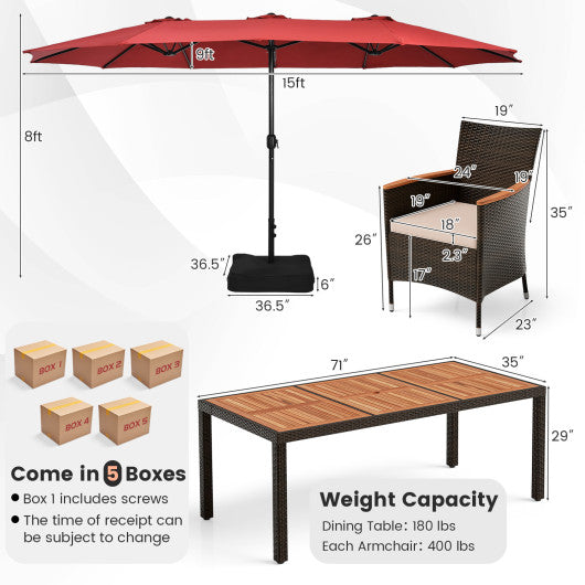 10 Piece Outdoor Dining Set with 15 Feet Double-Sided Twin Patio Umbrella-Red