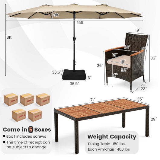 10 Piece Outdoor Dining Set with 15 Feet Double-Sided Twin Patio Umbrella-Beige