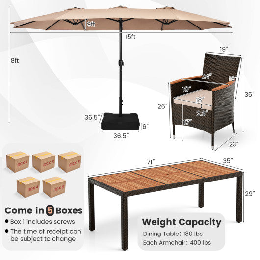 10 Piece Outdoor Dining Set with 15 Feet Double-Sided Twin Patio Umbrella-Brown
