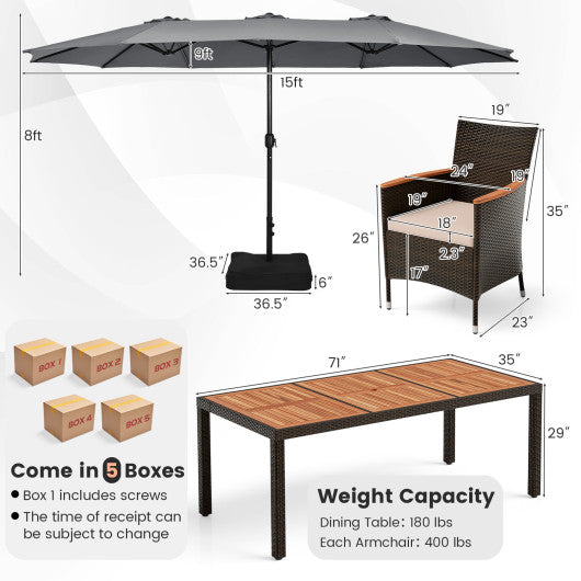 10 Piece Outdoor Dining Set with 15 Feet Double-Sided Twin Patio Umbrella-Gray