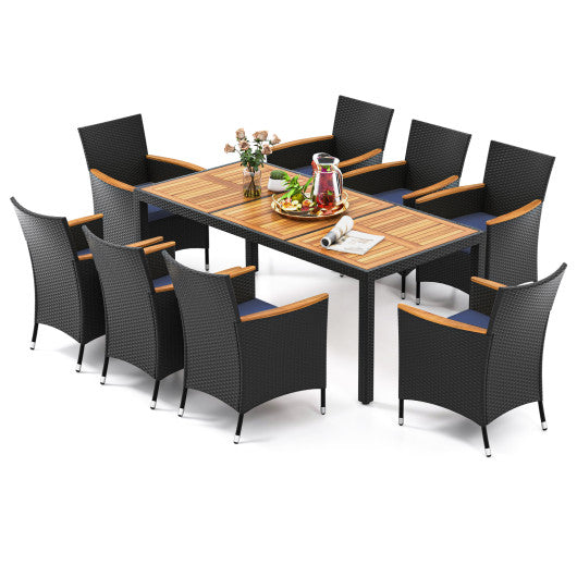 9 Pieces Outdoor Dining Set with Acacia Wood Tabletop for Garden-Navy