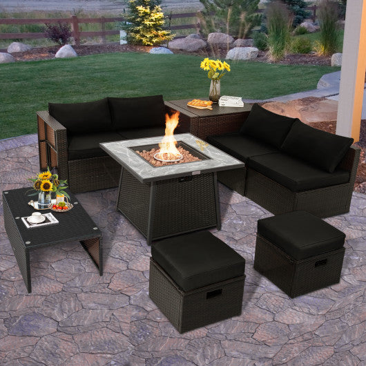 9 Pieces Patio PE Wicker Sectional Set with 50000 BTU Fire Pit Table-Black