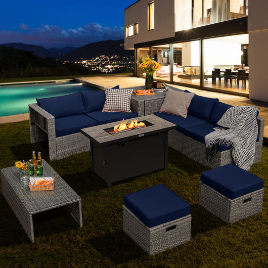 9 Pieces Patio Furniture Set with 42 Inches 60000 BTU Fire Pit-Navy