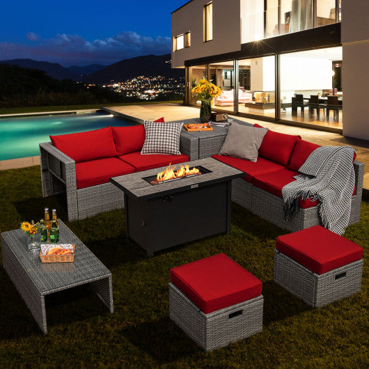 9 Pieces Patio Furniture Set with 42 Inches 60000 BTU Fire Pit-Red
