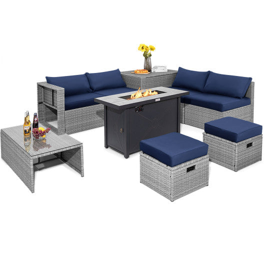 9 Pieces Patio Furniture Set with 42 Inches 60000 BTU Fire Pit-Navy
