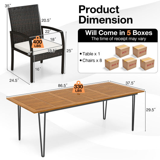 9 Pieces Outdoor Patio Dining Set with Soft Cushions and Acacia Wood Square Table