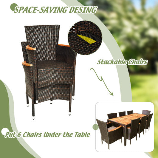9 Pieces Rattan Dining Set with Acacia Wood Table and Stackable Cushioned Chairs