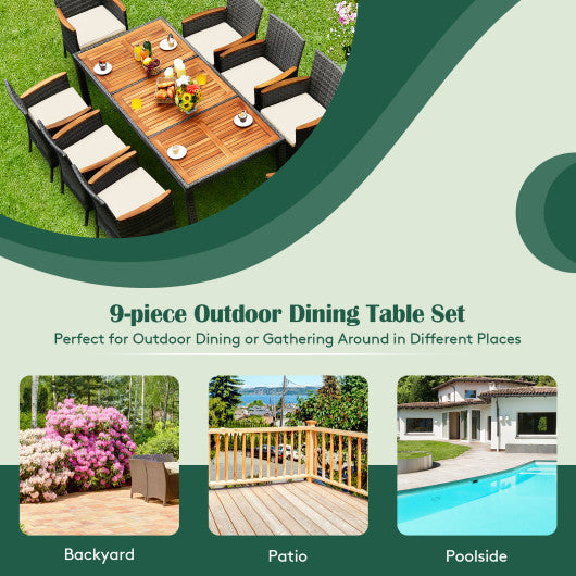 9 Pieces Rattan Patio Dining Set with Acacia Wood Table and Cushioned Chair
