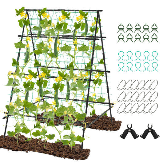 A-Frame Garden Cucumber Trellis with Netting for Climbing Plants Outdoor-Black