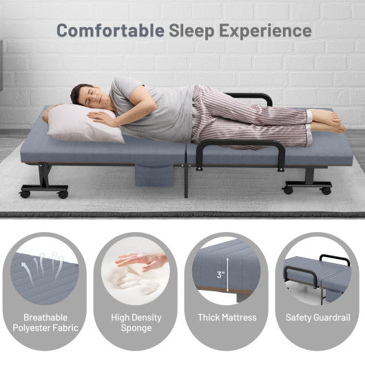 Adjustable Folding Guest Bed Frame with Mattress and Wheels-Gray