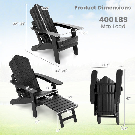 All-Weather HIPS Patio Adirondack Lounge Chair with Retractable Footrest-Black