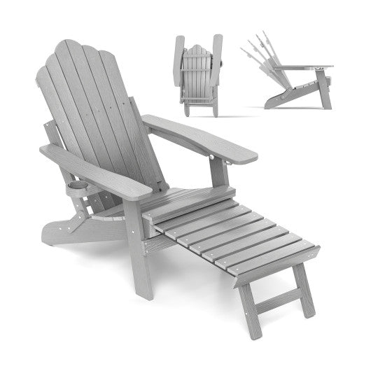 All-Weather HIPS Patio Adirondack Lounge Chair with Retractable Footrest-Gray