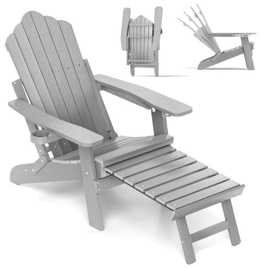 All-Weather HIPS Patio Adirondack Lounge Chair with Retractable Footrest-Gray