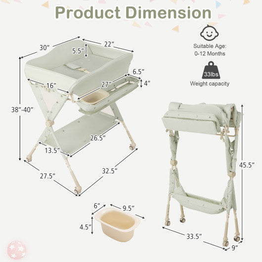 Baby Diaper Changing Table with Water Basin Wheel-Green