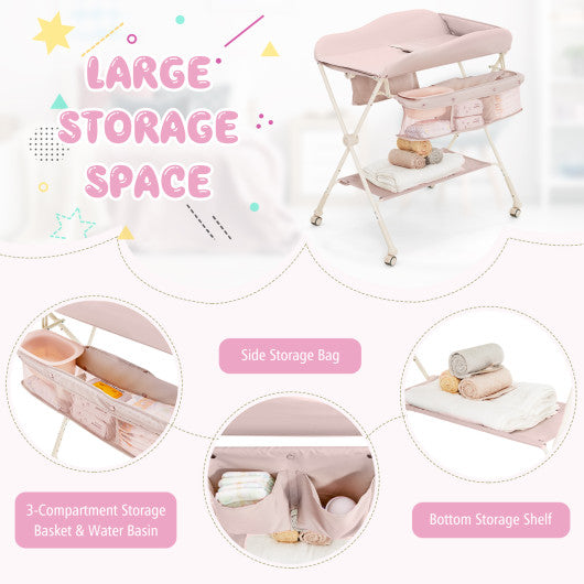 Baby Diaper Changing Table with Water Basin Wheel-Pink