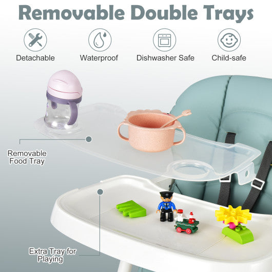 Foldable Baby High Chair with Double Removable Trays and Book Holder-Green