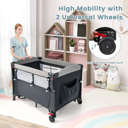 5-in-1 Baby Nursery Center Foldable Toddler Bedside Crib with Music Box-Black