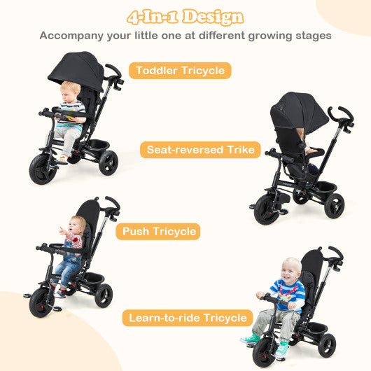 4-in-1 Baby Tricycle Toddler Trike with Reversible Seat and 5-Point Safety Harness-Black
