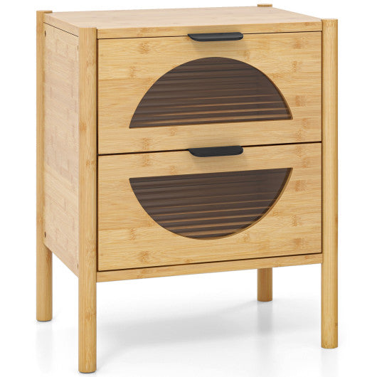 Bamboo Nightstand with 2 Storage Drawers and Reeded Tempered Glass Fronts-Natural