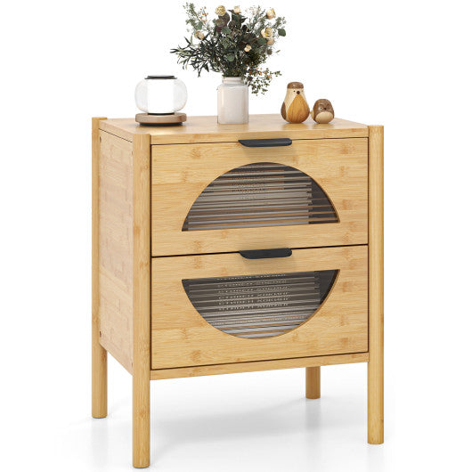 Bamboo Nightstand with 2 Storage Drawers and Reeded Tempered Glass Fronts-Natural