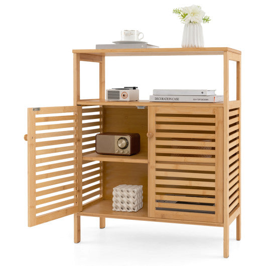 Bamboo Bathroom Floor Storage Cabinet with Shutter Doors-Natural