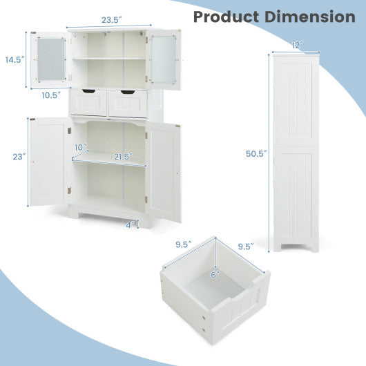 3 Tier Freee-Standing Bathroom Cabinet with 2 Drawers and Glass Doors-White