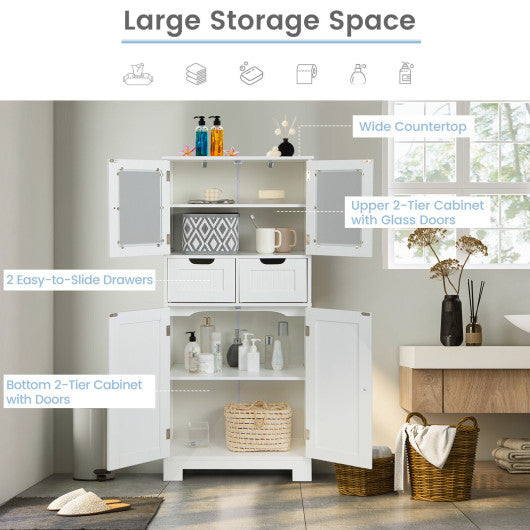 3 Tier Freee-Standing Bathroom Cabinet with 2 Drawers and Glass Doors-White