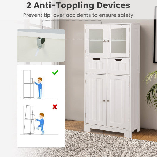 3 Tier Freee-Standing Bathroom Cabinet with 2 Drawers and Glass Doors-White