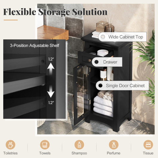 Bathroom Freestanding Storage Cabinet with Single Glass Door-Black