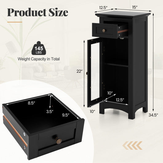Bathroom Freestanding Storage Cabinet with Single Glass Door-Black