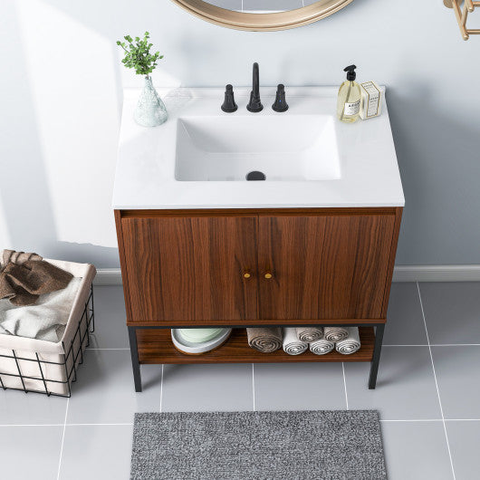 31 Inch Bathroom Vanity Sink Combo with Doors and Open Shelf-Walnut