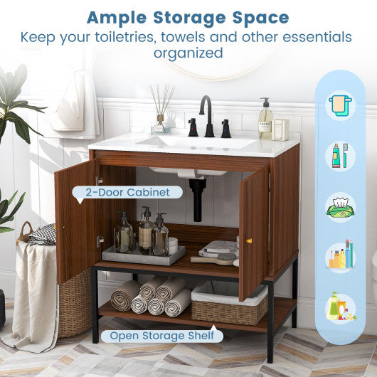 31 Inch Bathroom Vanity Sink Combo with Doors and Open Shelf-Walnut