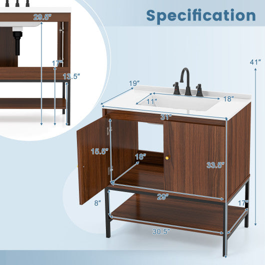 31 Inch Bathroom Vanity Sink Combo with Doors and Open Shelf-Walnut
