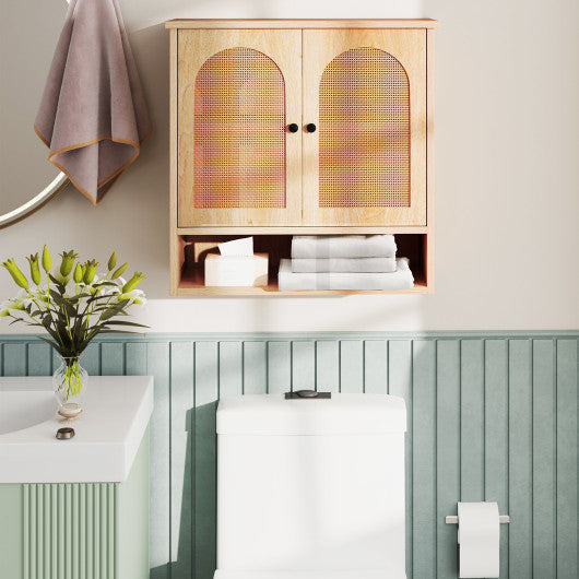 Bathroom Wall Cabinet with PE Rattan Doors and Adjustable Shelves-Natural