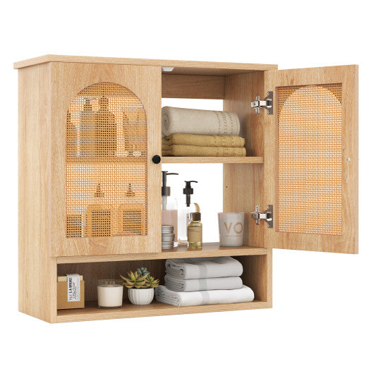Bathroom Wall Cabinet with PE Rattan Doors and Adjustable Shelves-Natural