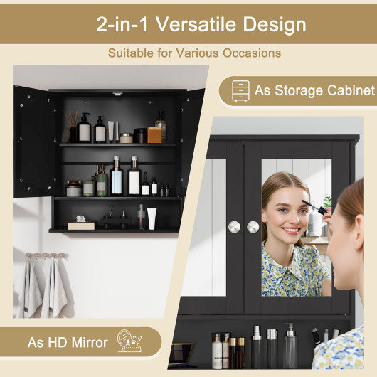Double Door Wall-Mounted Bathroom Mirror Cabinet with Storage Shelf-Black